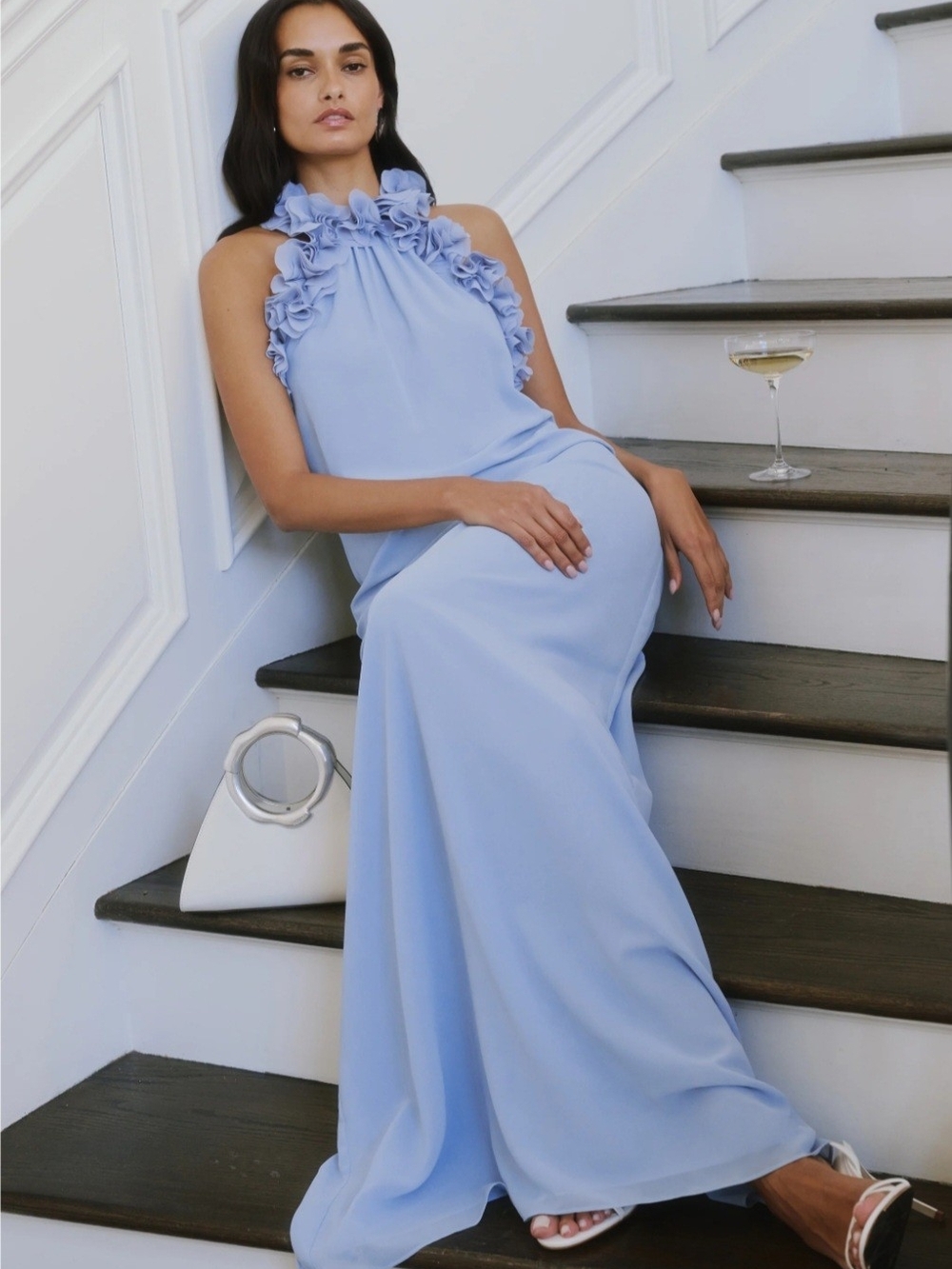 Ruffled Halter Maxi Dress in Powder Blue